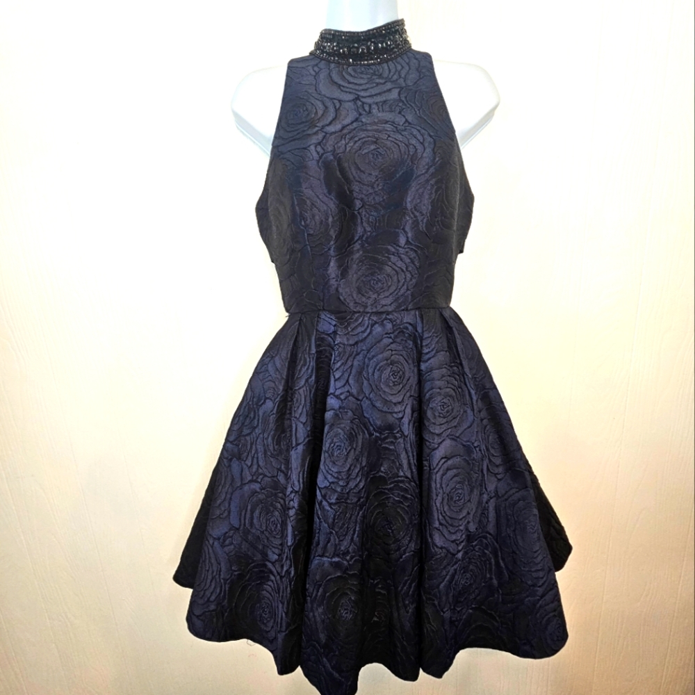 Sherri Hill Navy Floral Pattern Dress With Rhinestone Collar